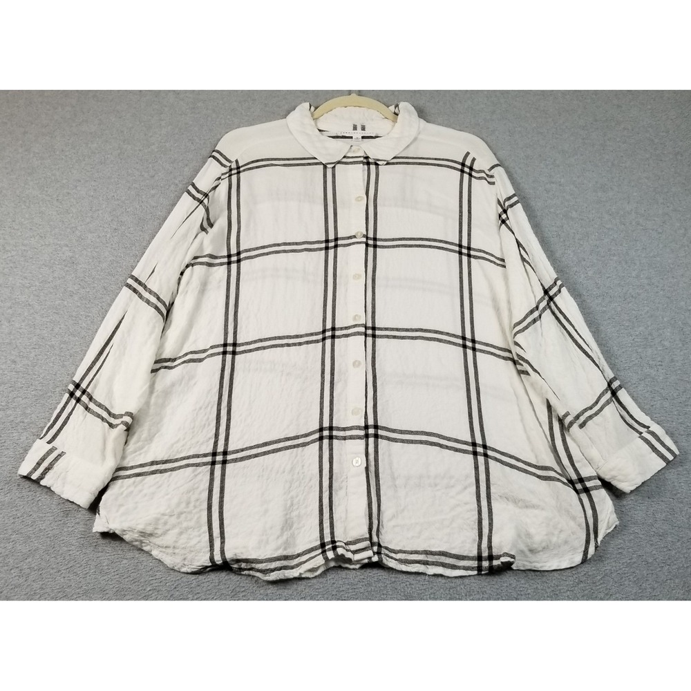 Jane + Delancey Button Up Shirt Womens 1X Plus White Black Plaid Sheer Tunic Top